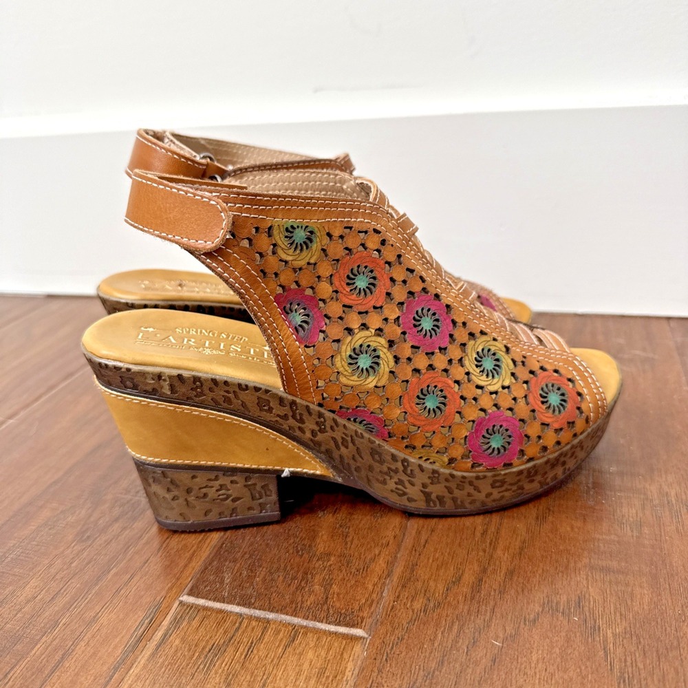 L'Artiste Spring Step Bewitched Wedge Block Heel Slingback Artsy Open Toe 38 7‎